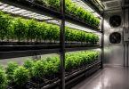 Cannabis plants growing on three-tier vertical racking under LED bar lights in a climate-controlled room